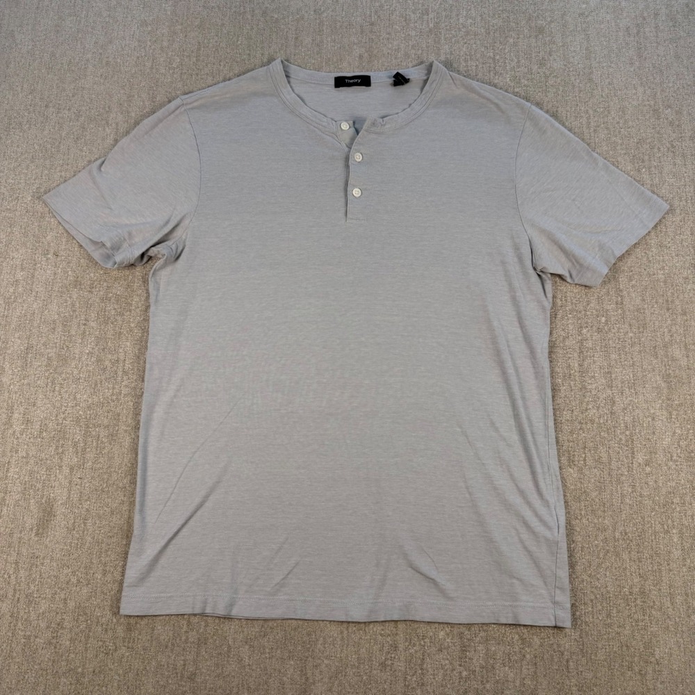 Theory Henley Shirt Mens Medium Light Blue Short Sleeve Cotton Blend